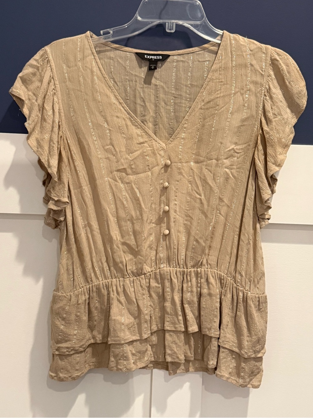 Express Beige Ruffle slightly sheer V-Neck Button-Front Blouse Size M